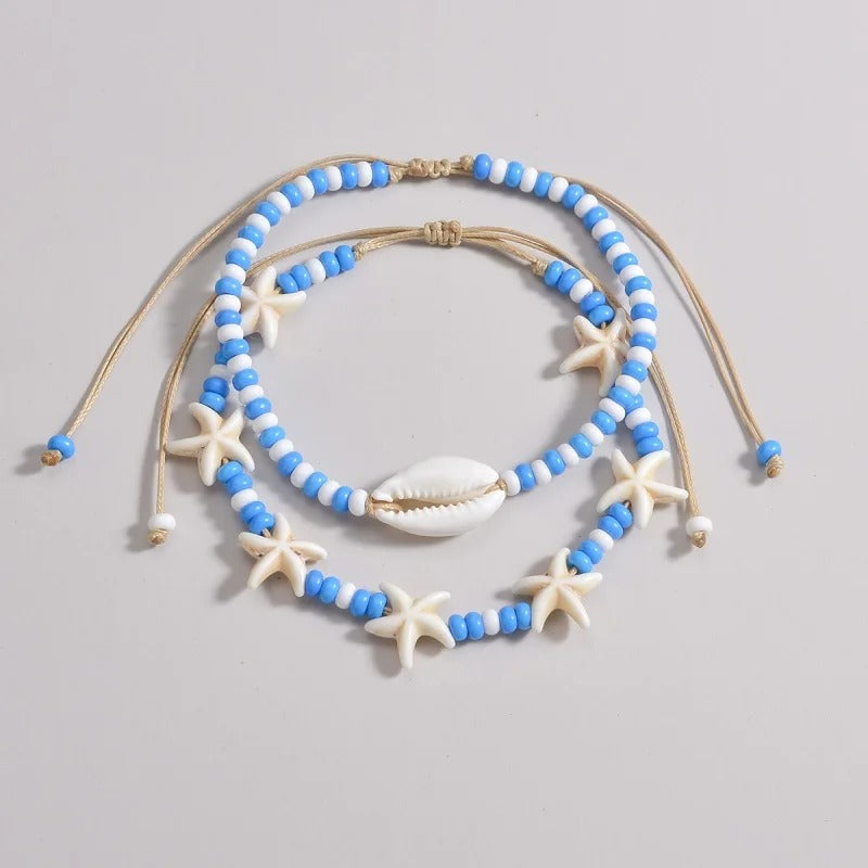 Cute Starfish Shell Blue White Rice Beads Foot Chain Anklet Sets For Women Ankle Bracelet Elastic Rope Beach Jewelry Accessories