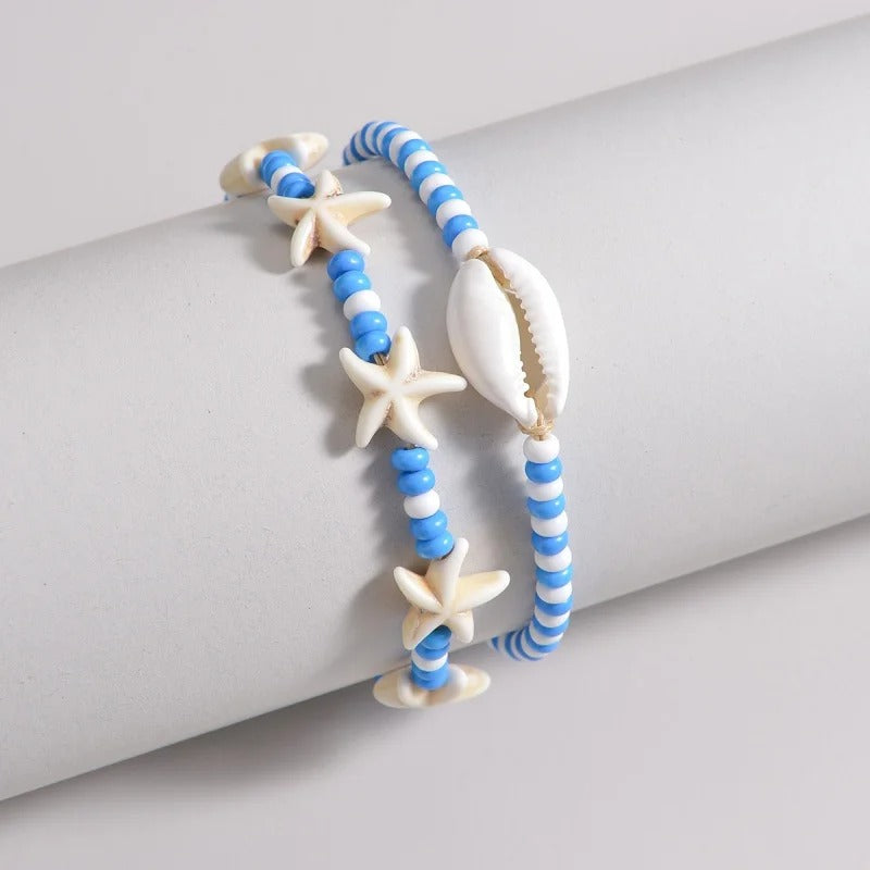 Cute Starfish Shell Blue White Rice Beads Foot Chain Anklet Sets For Women Ankle Bracelet Elastic Rope Beach Jewelry Accessories