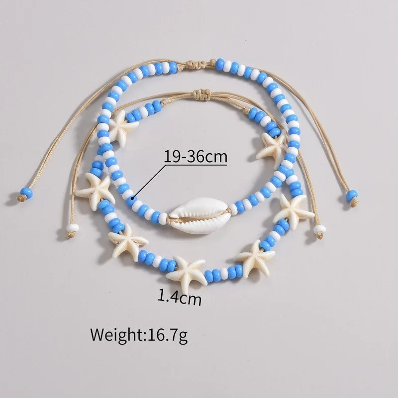 Cute Starfish Shell Blue White Rice Beads Foot Chain Anklet Sets For Women Ankle Bracelet Elastic Rope Beach Jewelry Accessories