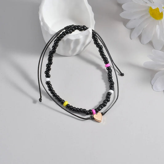 2Pcs Heart Rice Bead Foot Chain Waterproof Wax Thread Double Layer Design Elastic Bead Fashion Design Foot Chain Women's Jewelry