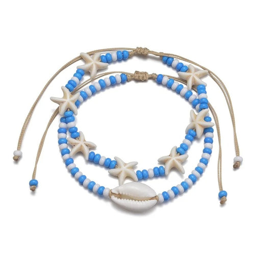 Cute Starfish Shell Blue White Rice Beads Foot Chain Anklet Sets For Women Ankle Bracelet Elastic Rope Beach Jewelry Accessories